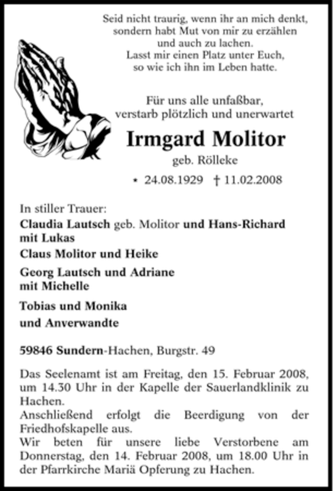  Traueranzeige für Irmgard Molitor vom 13.02.2008 aus Tageszeitung