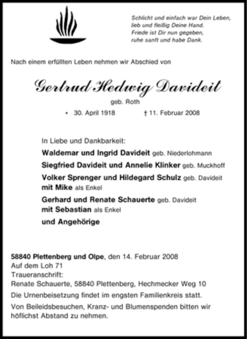 Traueranzeige von Gertrud Hedwig Davideit von Tageszeitung