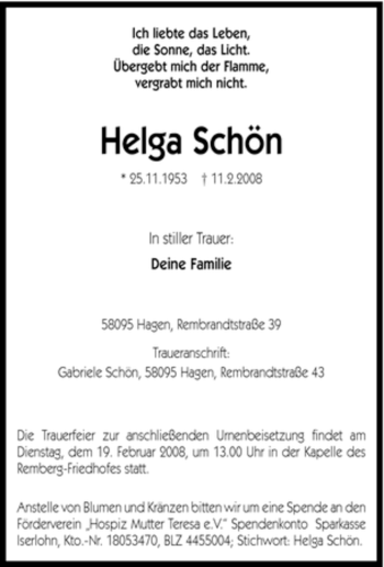 Traueranzeige von Helga Schön von Tageszeitung