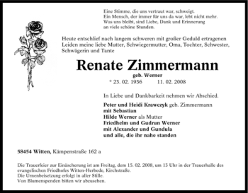 Traueranzeige von Renate Zimmermann von Tageszeitung