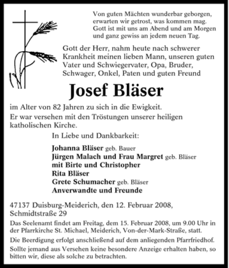  Traueranzeige für Josef Bläser vom 13.02.2008 aus Tageszeitung
