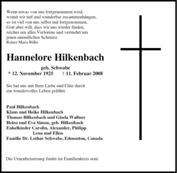 Traueranzeige von Hannelore Hilkenbach von Tageszeitung