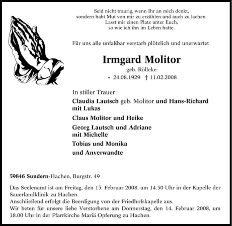  Traueranzeige für Irmgard Molitor vom 14.02.2008 aus Tageszeitung