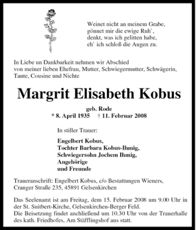 Traueranzeige für Margrit Elisabeth Kobus vom 14.02.2008 aus Tageszeitung