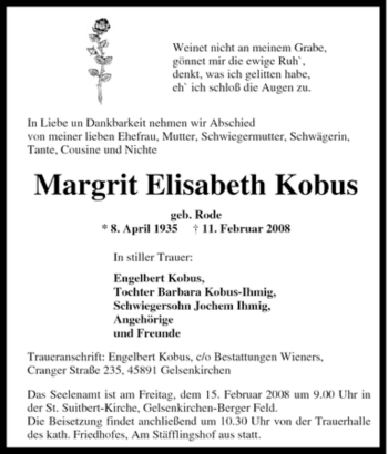 Traueranzeige von Margrit Elisabeth Kobus von Tageszeitung