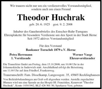 Traueranzeige von Theodor Huchrak von Tageszeitung