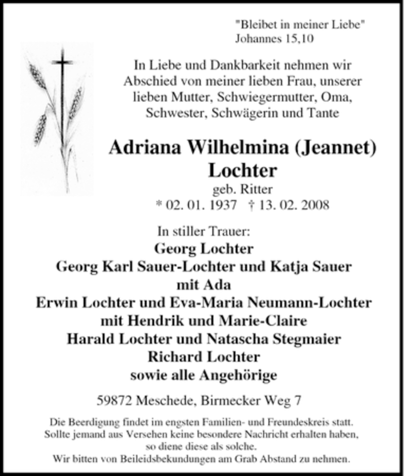  Traueranzeige für Adriana Wilhelmina vom 14.02.2008 aus Tageszeitung