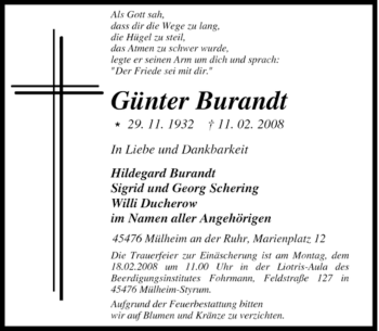 Traueranzeige von Günter Burandt von Tageszeitung
