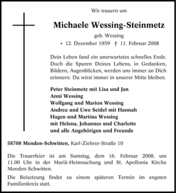 Traueranzeige von Michaele Wessing-Steinmetz von Tageszeitung