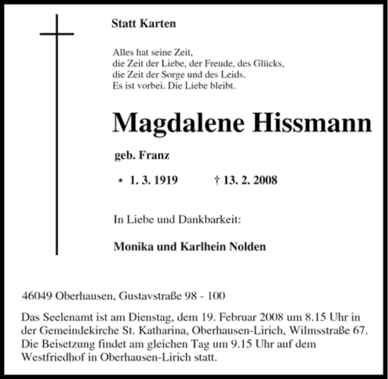  Traueranzeige für Magdalene Hissmann vom 14.02.2008 aus Tageszeitung