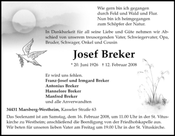 Traueranzeige von Josef Breker von Tageszeitung