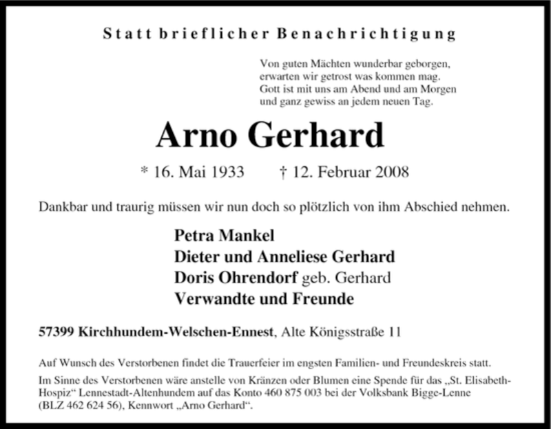  Traueranzeige für Arno Gerhard vom 14.02.2008 aus Tageszeitung