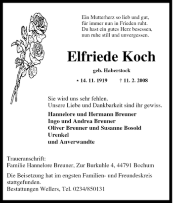 Traueranzeige von Elfriede Koch von Tageszeitung