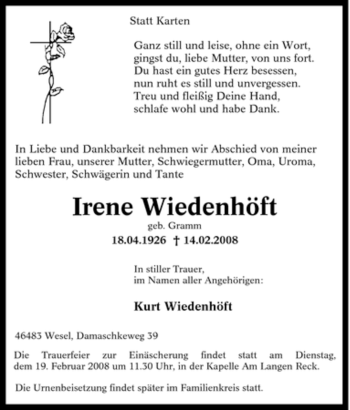 Traueranzeige von Irene Wiedenhöft von Tageszeitung