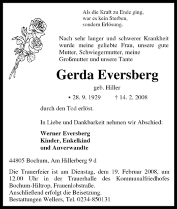 Traueranzeige von Gerda Eversberg von Tageszeitung