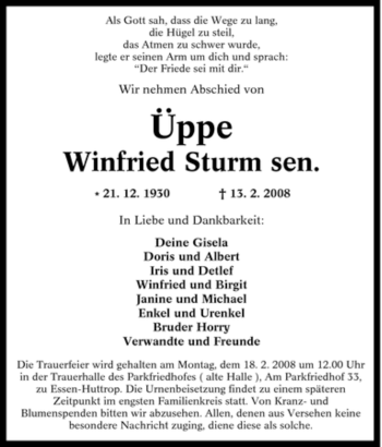 Traueranzeige von Winfried Sturm von Tageszeitung