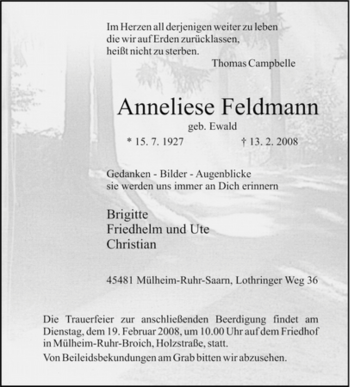 Traueranzeige von Anneliese Feldmann von Tageszeitung