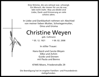 Traueranzeige von Christine Weyen von Tageszeitung