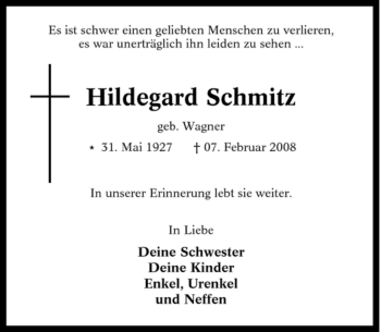 Traueranzeige von Hildegard Schmitz von Tageszeitung