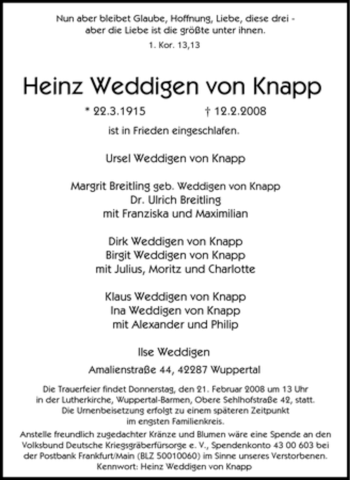 Traueranzeige von Heinz Weddigen von Knapp von Tageszeitung