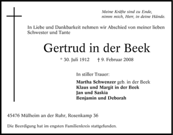 Traueranzeige von Gertrud in der Beek von Tageszeitung