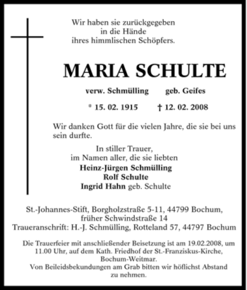 Traueranzeige von Maria Schulte von Tageszeitung