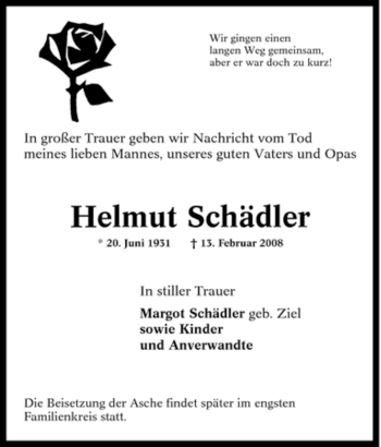 Traueranzeige von Helmut Schädler von Tageszeitung