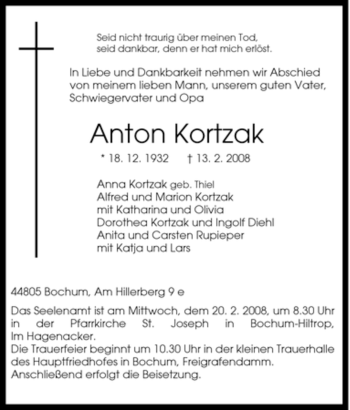 Traueranzeige von Anton Kortzak von Tageszeitung