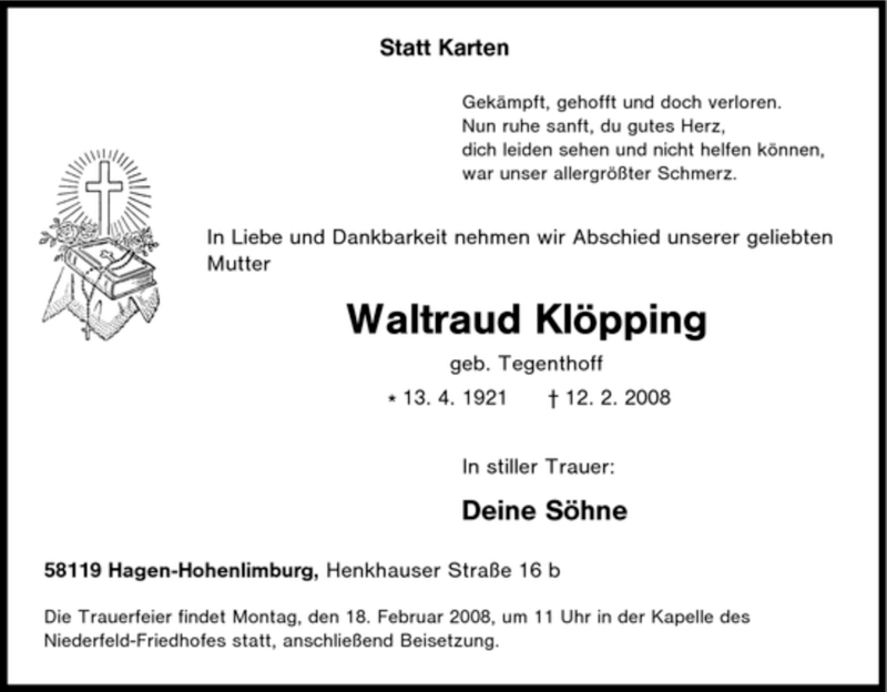  Traueranzeige für Waltraud Klöpping vom 16.02.2008 aus Tageszeitung