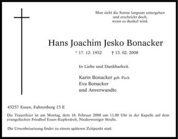 Traueranzeige von Hans Joachim Jesko Bonacker von Tageszeitung