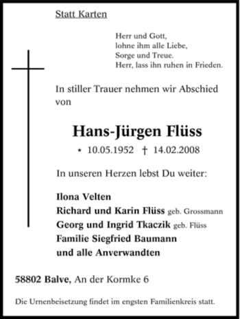 Traueranzeige von Hans-Jürgen Flüss von Tageszeitung