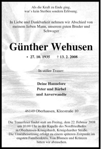 Traueranzeige von Günther Wehusen von Tageszeitung