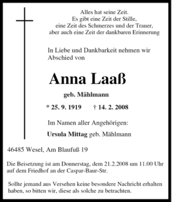 Traueranzeige von Anna Laaß von Tageszeitung