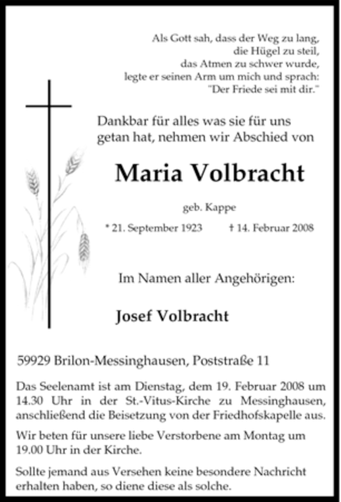  Traueranzeige für Maria Volbracht vom 16.02.2008 aus Tageszeitung
