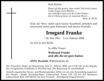 Traueranzeige von Irmgard Franke von Tageszeitung