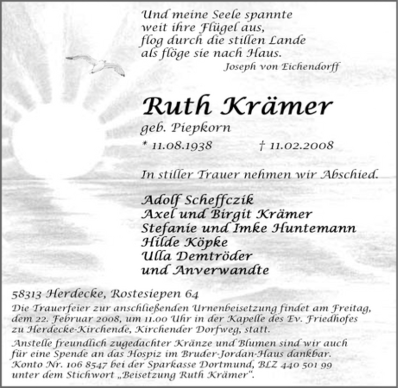 Traueranzeige für Ruth Krämer vom 16.02.2008 aus Tageszeitung
