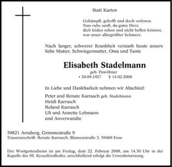 Traueranzeige von Elisabeth Stadelmann von Tageszeitung