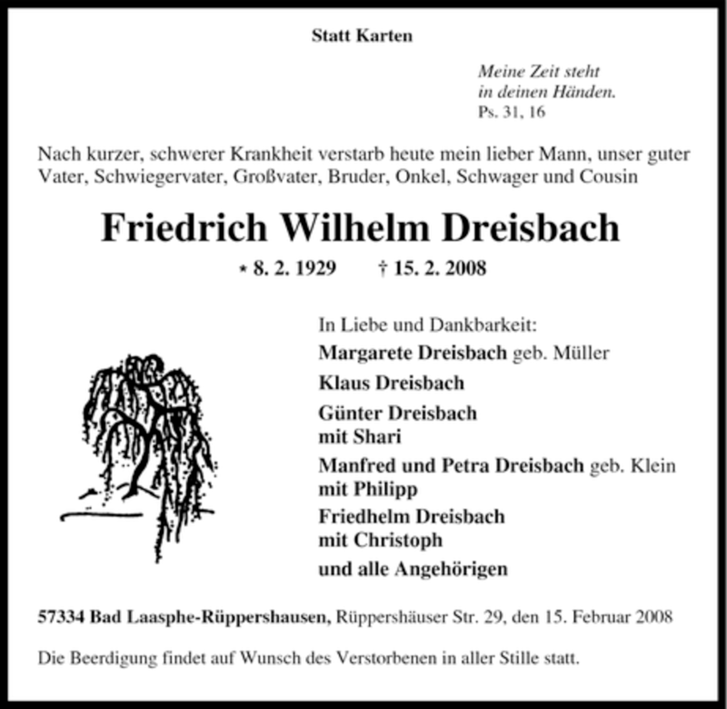  Traueranzeige für Friedrich Wilhelm Dreisbach vom 16.02.2008 aus Tageszeitung