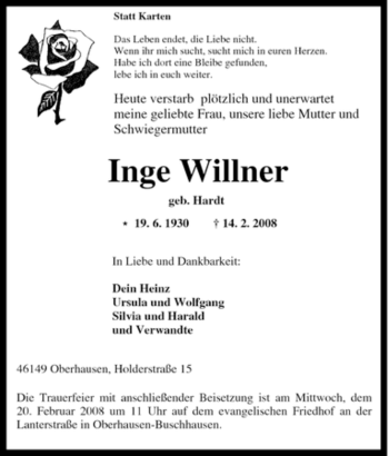 Traueranzeige von Inge Willner von Tageszeitung