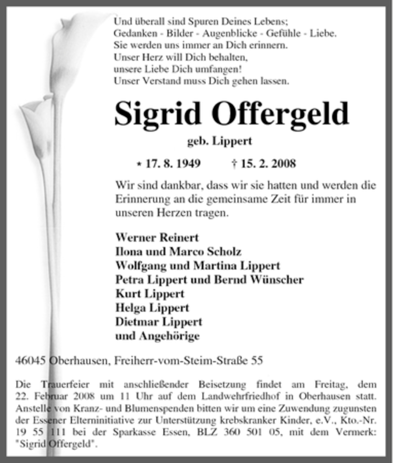  Traueranzeige für Sigrid Offergeld vom 16.02.2008 aus Tageszeitung