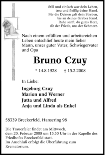 Traueranzeige von Bruno Czuy von Tageszeitung