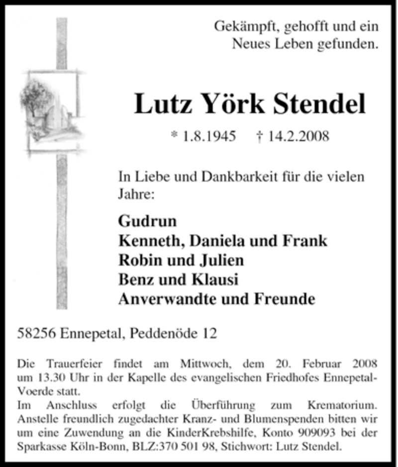  Traueranzeige für Lutz Yörk Stendel vom 16.02.2008 aus Tageszeitung