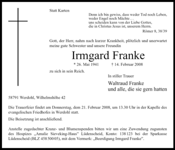 Traueranzeige von Irmgard Franke von Tageszeitung