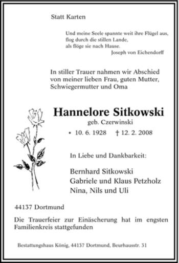 Traueranzeige von Hannelore Sitkowski von Tageszeitung