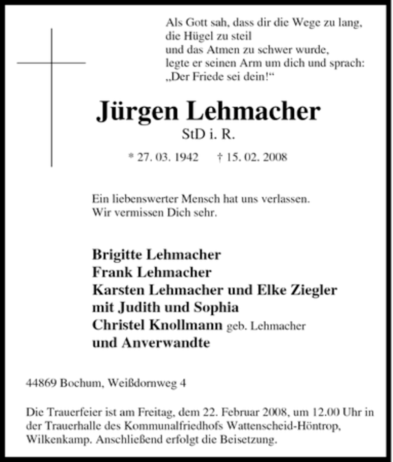  Traueranzeige für Jürgen Lehmacher vom 18.02.2008 aus Tageszeitung