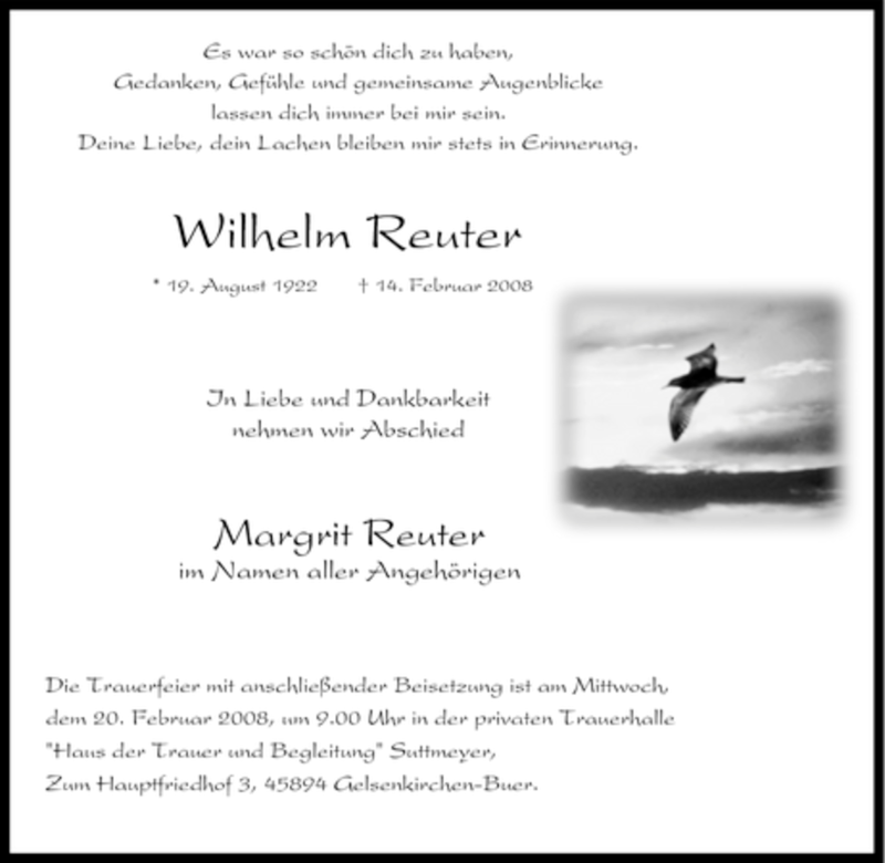  Traueranzeige für Wilhelm Reuter vom 18.02.2008 aus Tageszeitung