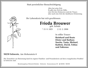 Traueranzeige von Frieda Brouwer von Tageszeitung