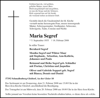 Traueranzeige von Maria Segref von Tageszeitung