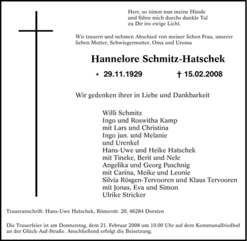  Traueranzeige für Hannelore Schmitz-Hatschek vom 19.02.2008 aus Tageszeitung