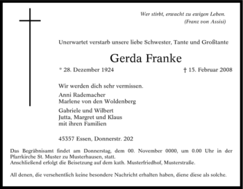 Traueranzeige von Gerda Franke von Tageszeitung
